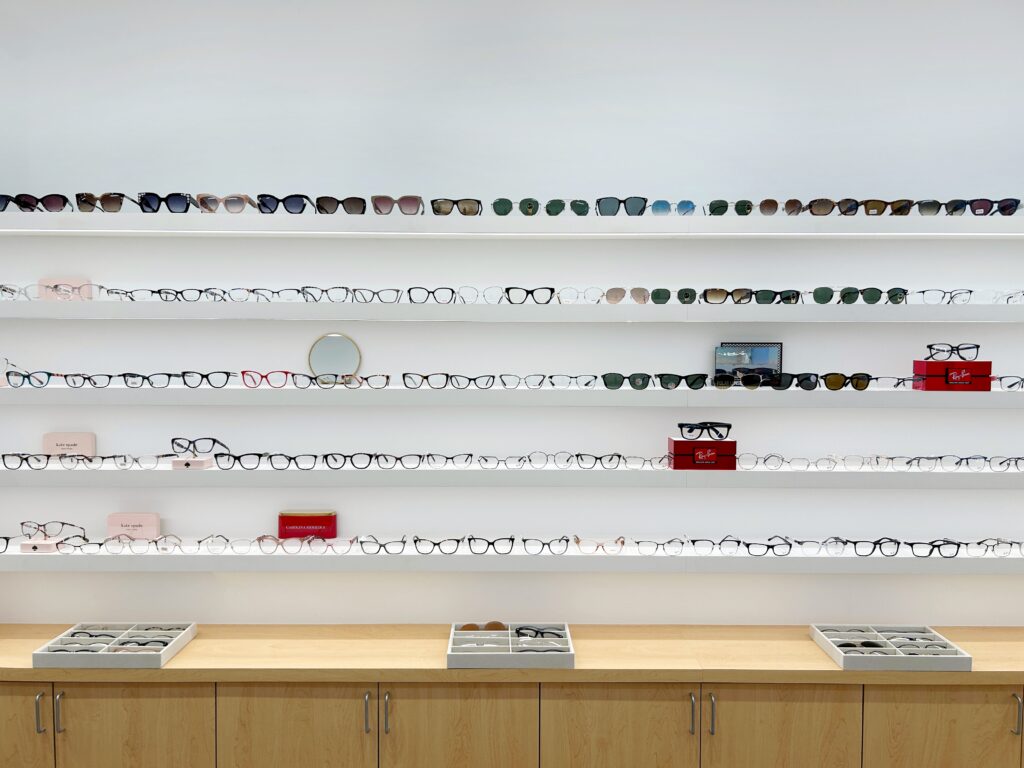 Shelves of eyeglasses and sunglasses at Simply Eyes Hawaii, Honolulu